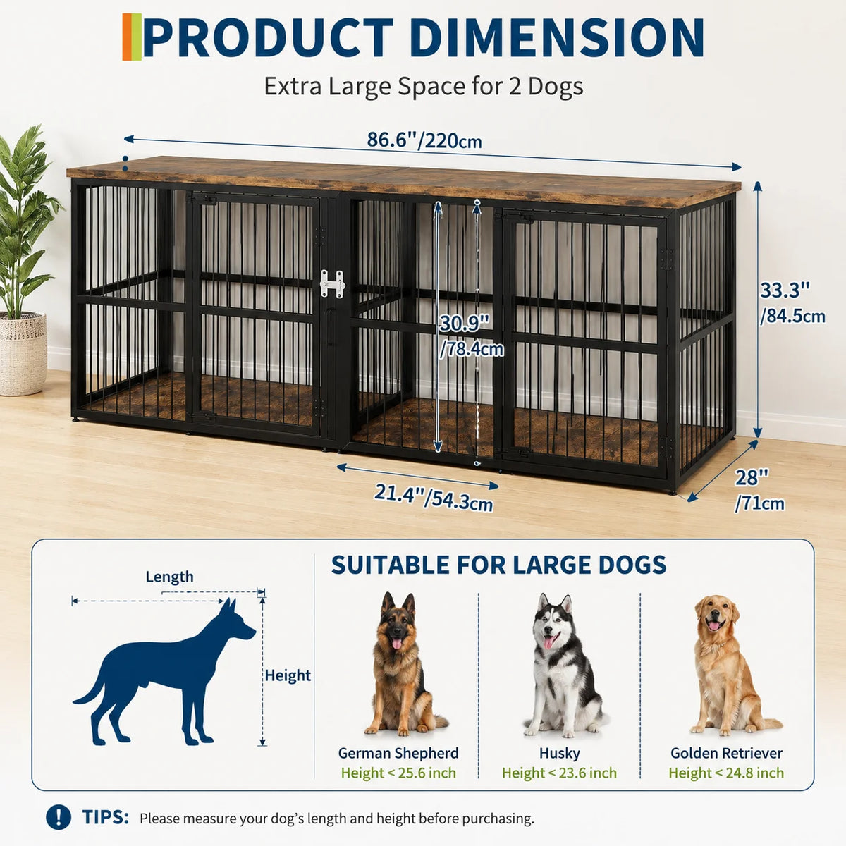 87 Inch Extra Large Double Dog Crate Furniture with Divider 3 Doors Heavy Duty Wooden Indoor Dog Kennel Cabinet TV Stand for 2 Dogs Lockable Pet House with Storage Table Whispering Desires Shoppe