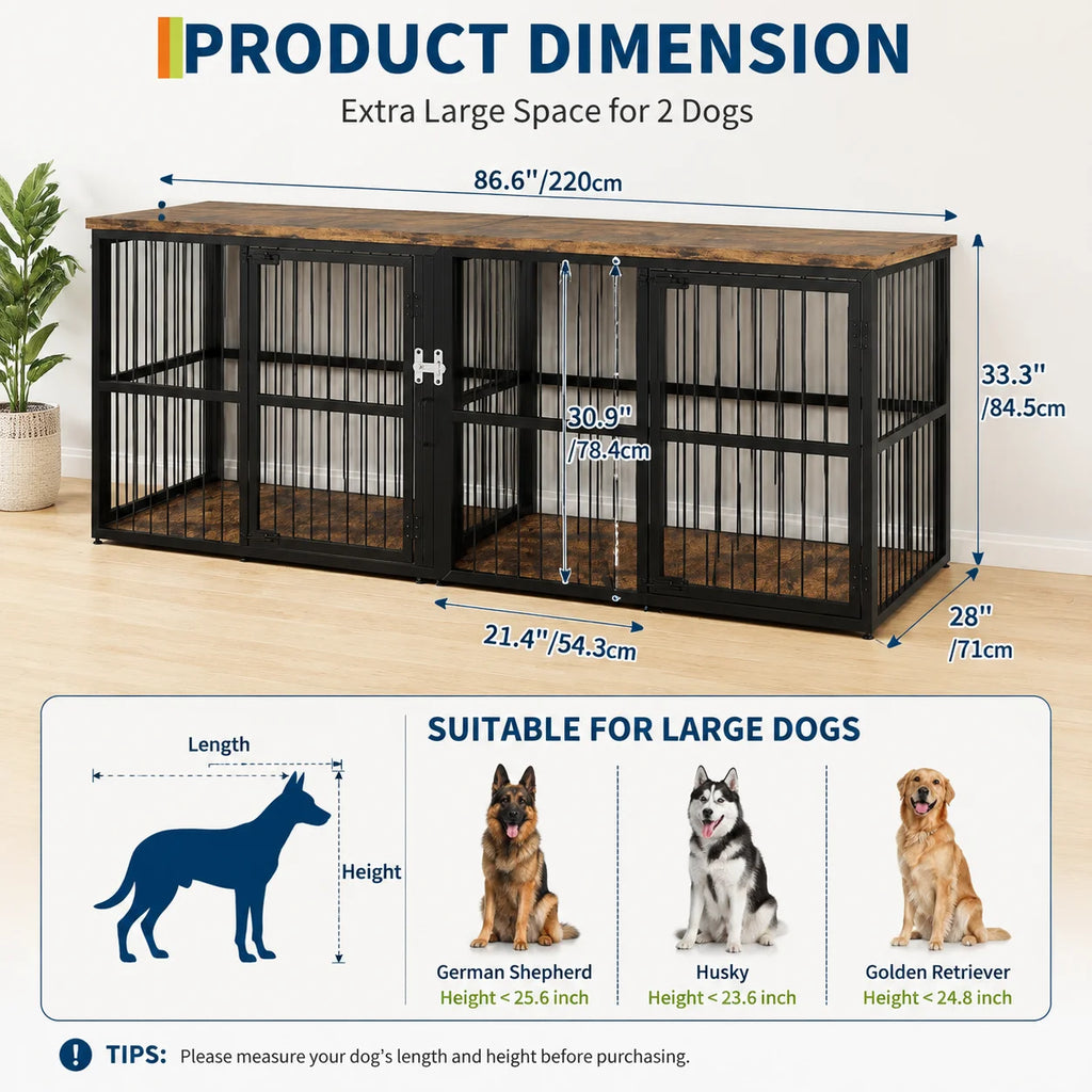 87 Inch Extra Large Double Dog Crate Furniture with Divider 3 Doors Heavy Duty Wooden Indoor Dog Kennel Cabinet TV Stand for 2 Dogs Lockable Pet House with Storage Table Whispering Desires Shoppe