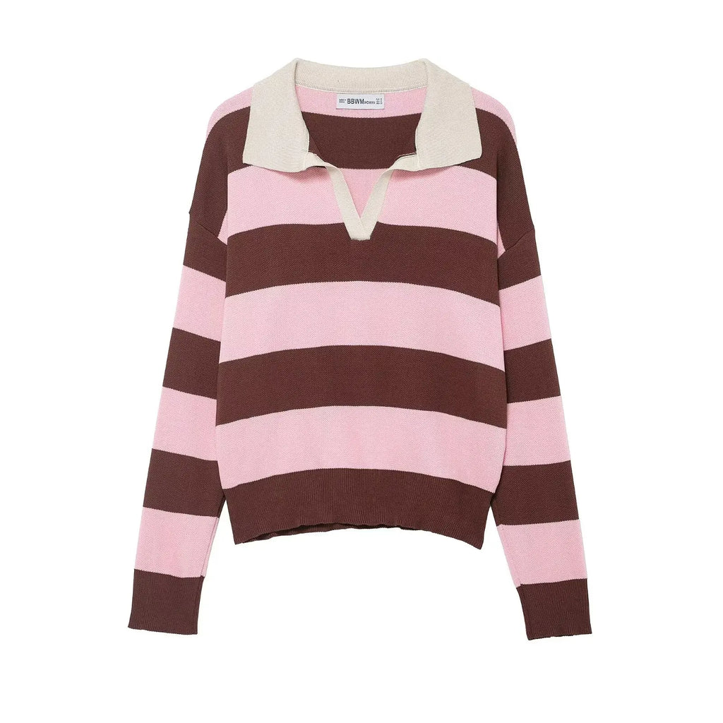 Striped Polo-Collar Long-Sleeve Sweater