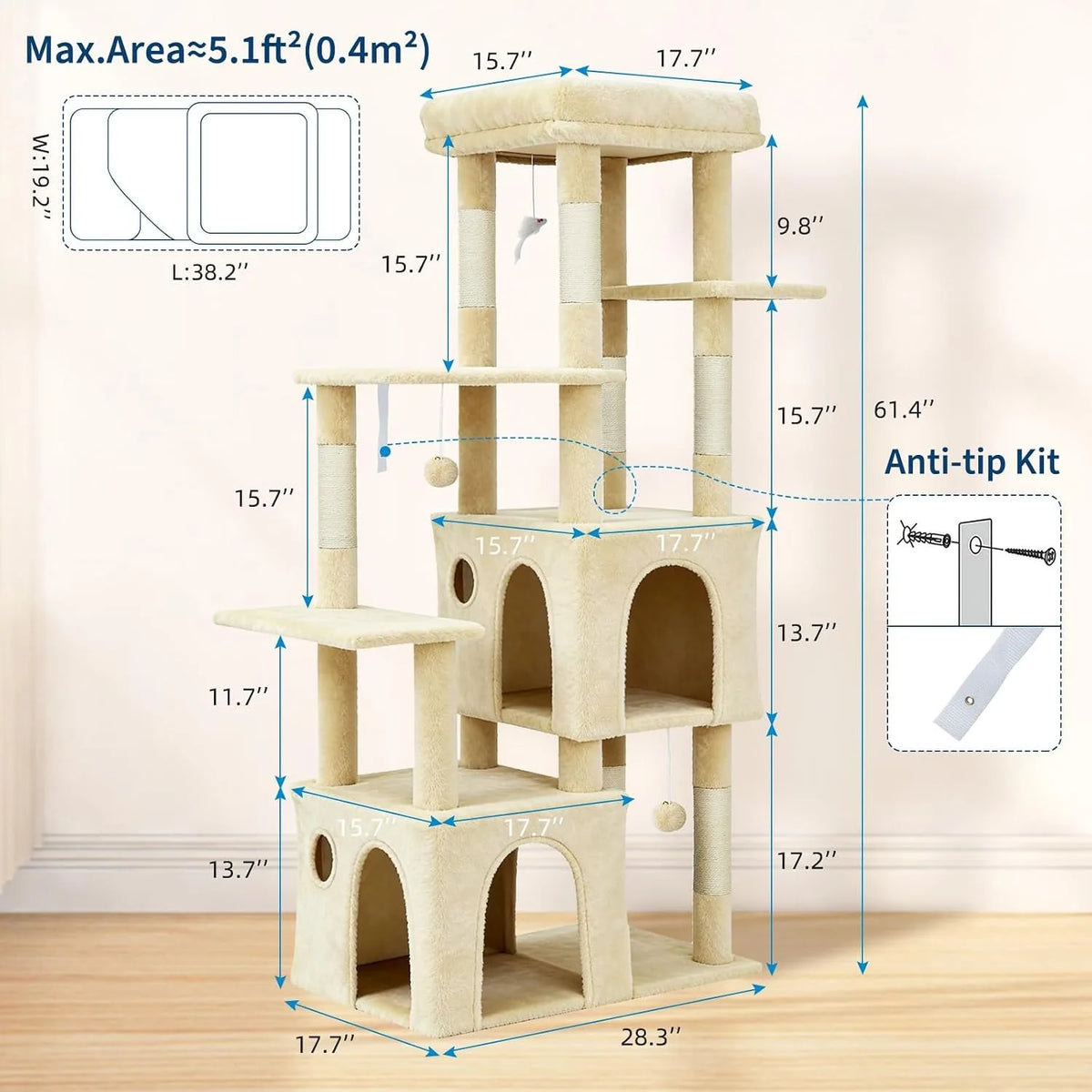 61" Cat Tree with Two Condos & Seven Scratching Posts