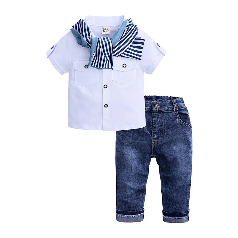 2-7 Years Kids Clothes Boys Outfit Summer Children's Clothing Boy Sets Cotton Short Sleeve O-Neck Tops+Jeans+Scarf Baby Costume Whispering Desires Shoppe