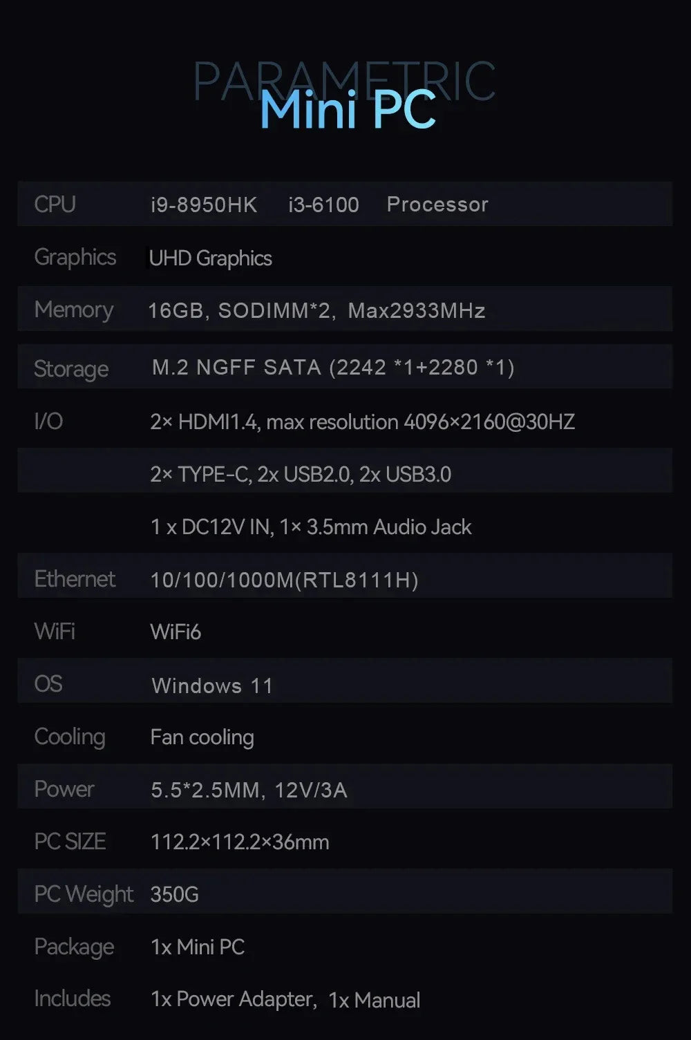 Windows Mini PC — Core i9-8950HK or Core i3-6100U