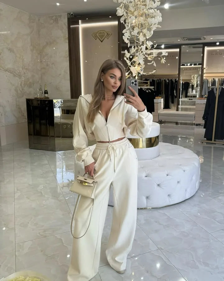 Women's Zip-Up Hooded Jacket and Wide-Leg Pants Set