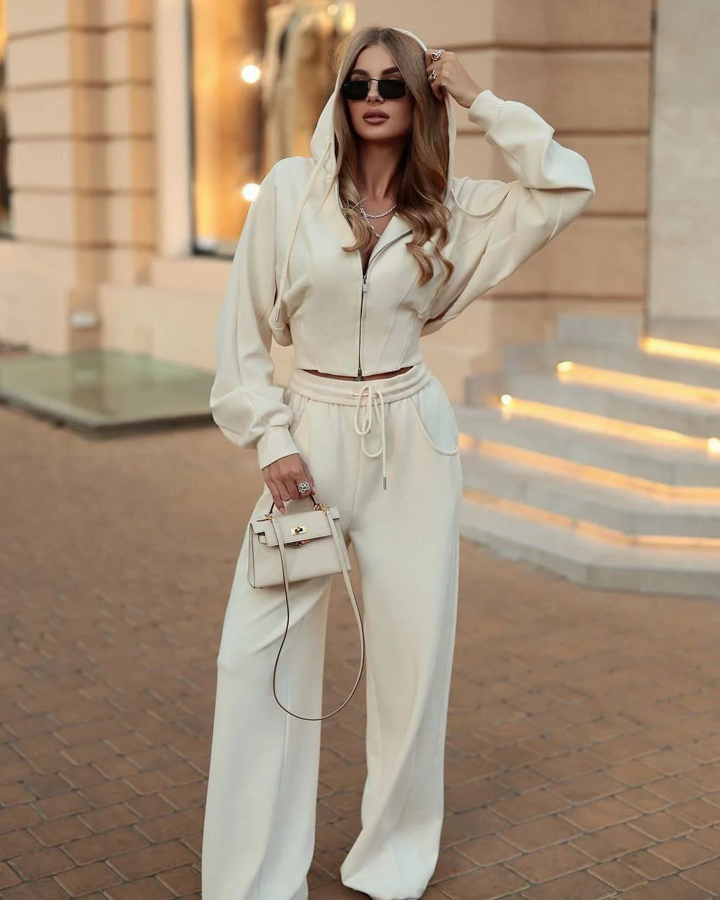 Women's Zip-Up Hooded Jacket and Wide-Leg Pants Set