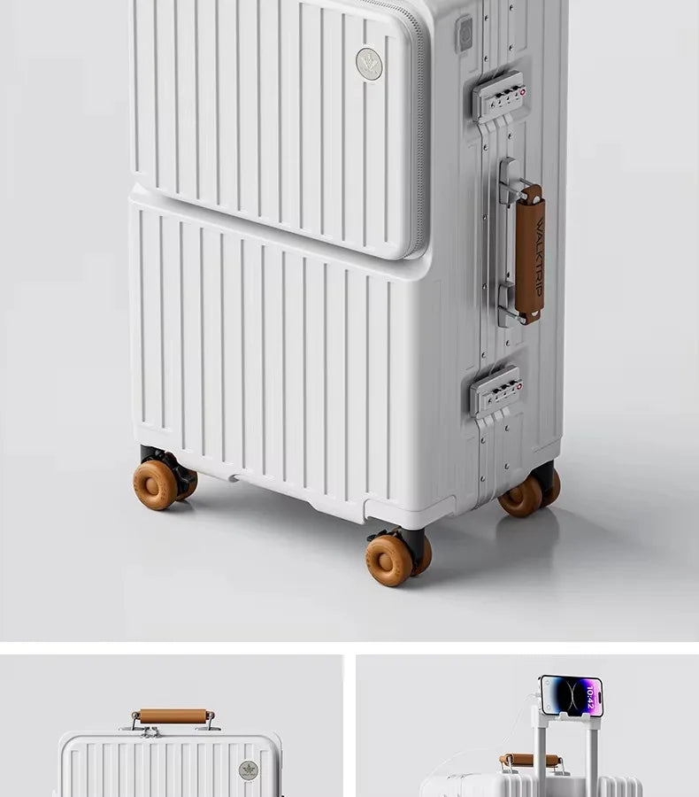 Front Opening Suitcase PC Material with Aluminum Frame TSA Lock Cup Holder Charging Port Colorful Wheels Travel Rolling Luggage Whispering Desires Shoppe