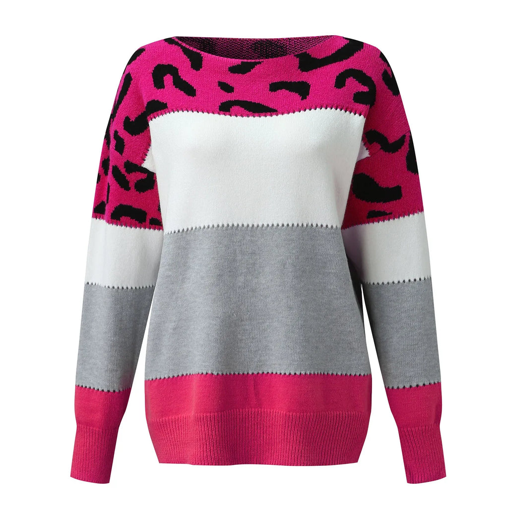 Women Sweaters Contrast Leopard Color Pullovers Loose Autumn Winter Long Sleeve Sweater Jumper Pull Femme Knitwear Oversized Dsers