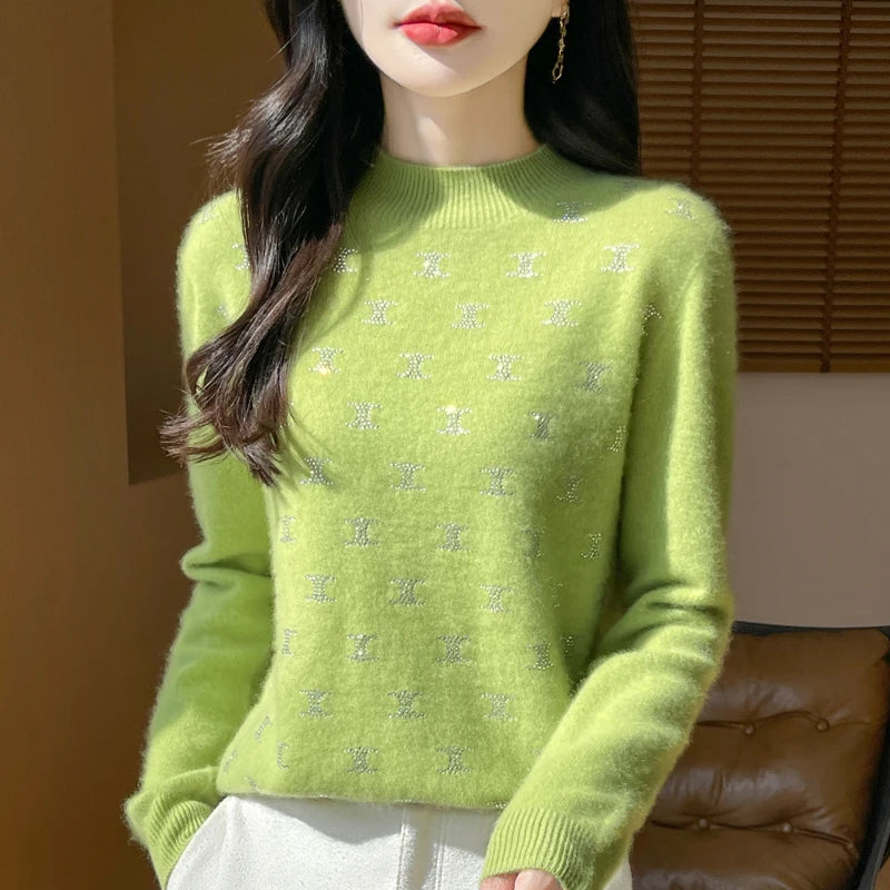 Women Fine Wool Thickening Sweater Half-high Collar Leaf studded With Diamonds Pullover Female Knitted Basis Tops Autumn Winter Dsers