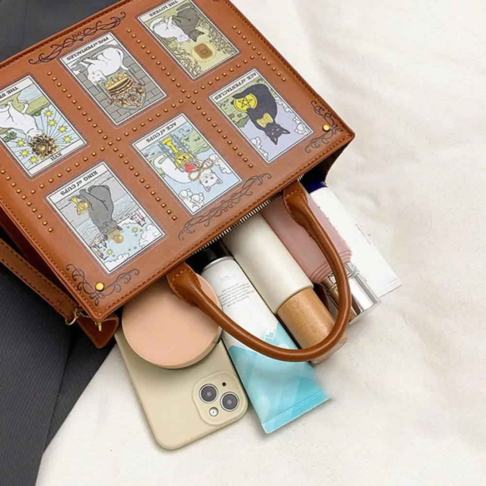 Cat Tarot Print PU Handbag