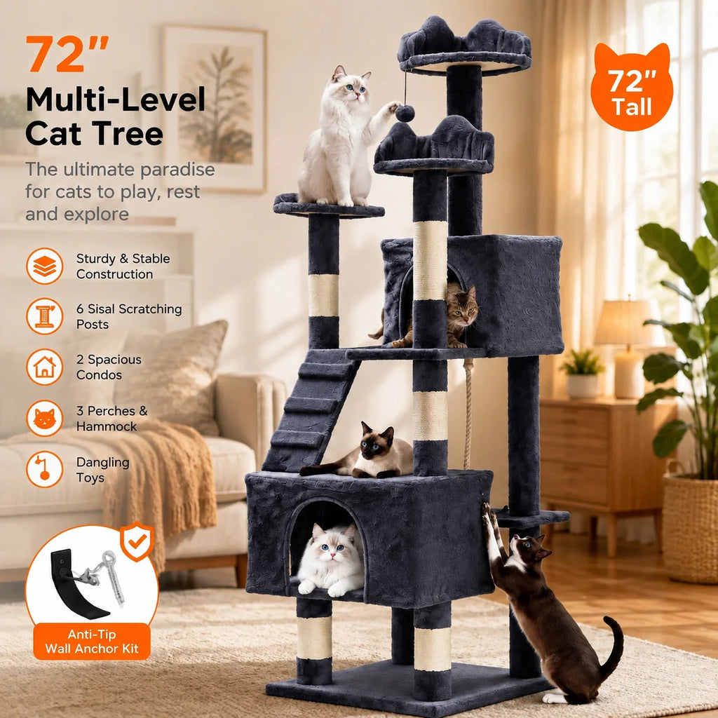 72" Cat Tree with Hammock, Perches & Scratching Posts