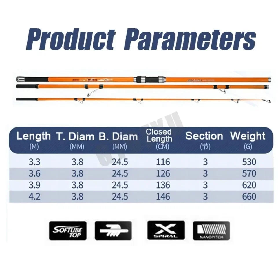 Three-Piece Carbon Surf Rod — 3.3–4.2 m