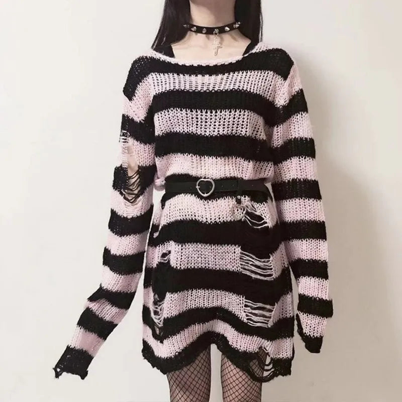 Karrram Punk Gothic Sweater Emo Tops E-girls Mall Goth Pullovers Y2k Harajuku Grunge Clothes Alt Dark Aesthetic Striped Jumpers Dsers
