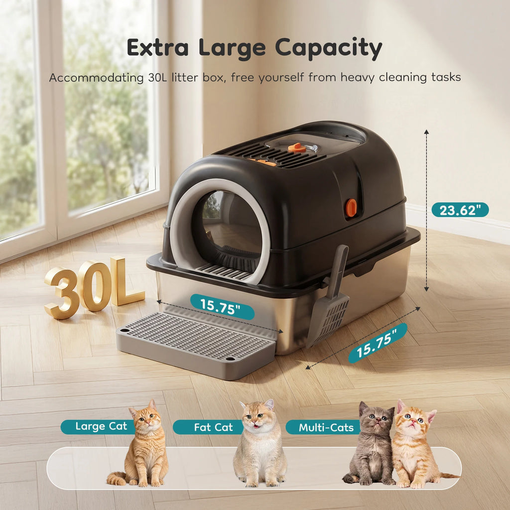 JHK 24IN Stainless Steel Cat Litter Box with Fully Enclosed 30L Large Cat Litter Box for Big Cats Cat Box Scoop and Mat Included Whispering Desires Shoppe