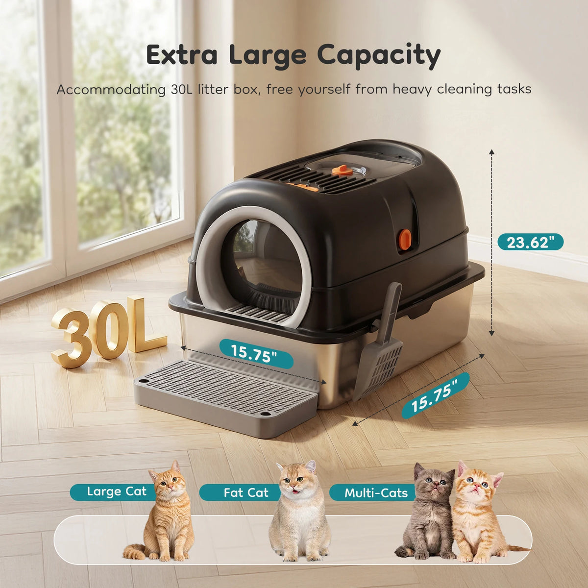 JHK 24IN Stainless Steel Cat Litter Box with Fully Enclosed 30L Large Cat Litter Box for Big Cats Cat Box Scoop and Mat Included Whispering Desires Shoppe