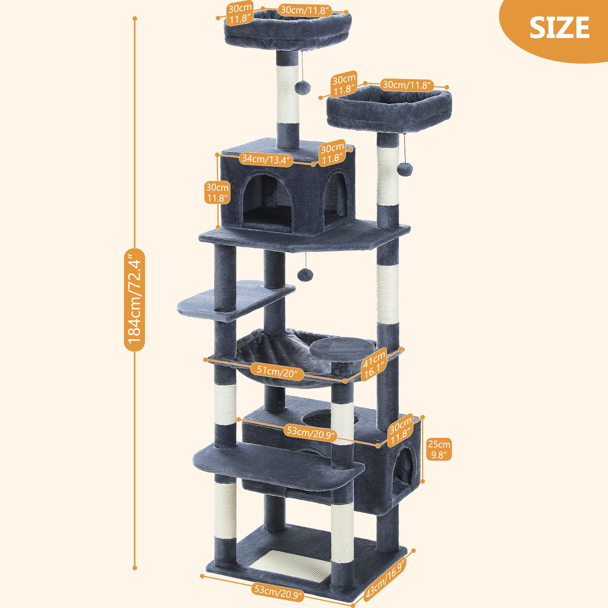 184cm Cat Tree with Hammock, Condo & Scratching Posts