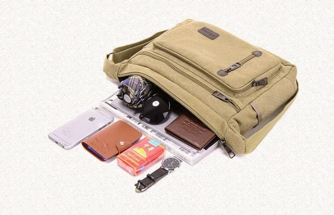 Unisex Canvas Multi-Pocket Crossbody Satchel