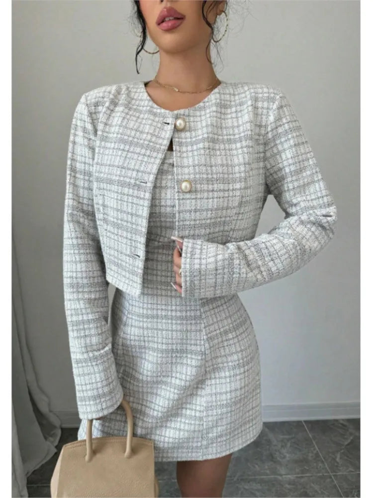 Women's Plaid Cropped Jacket and Corset-Style Dress Set