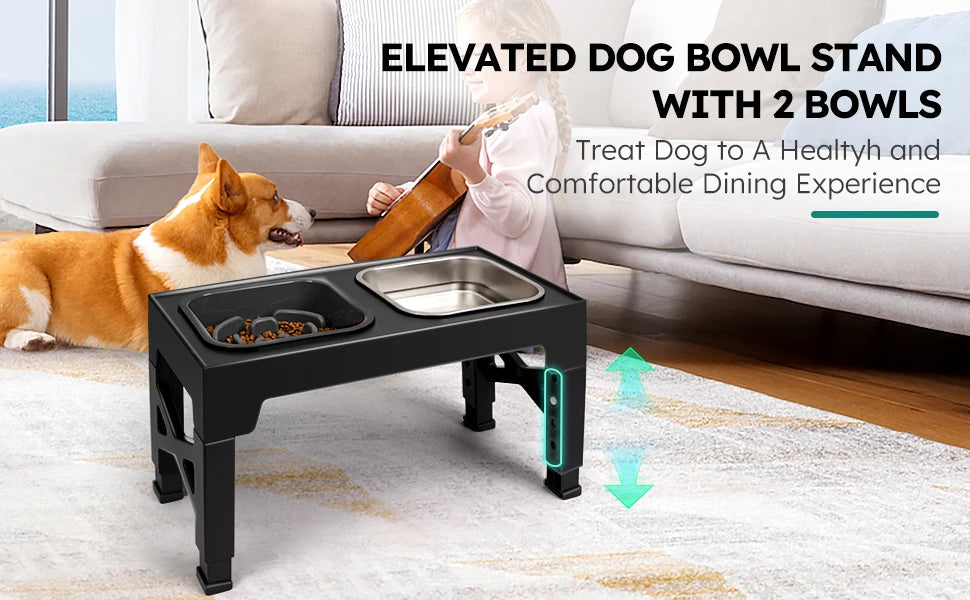 Adjustable Elevated Slow Feeder & Water Bowl Stand