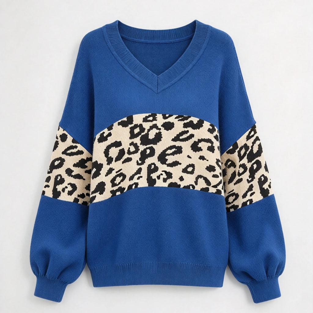 Leopard Colorblock V-Neck Oversized Sweater