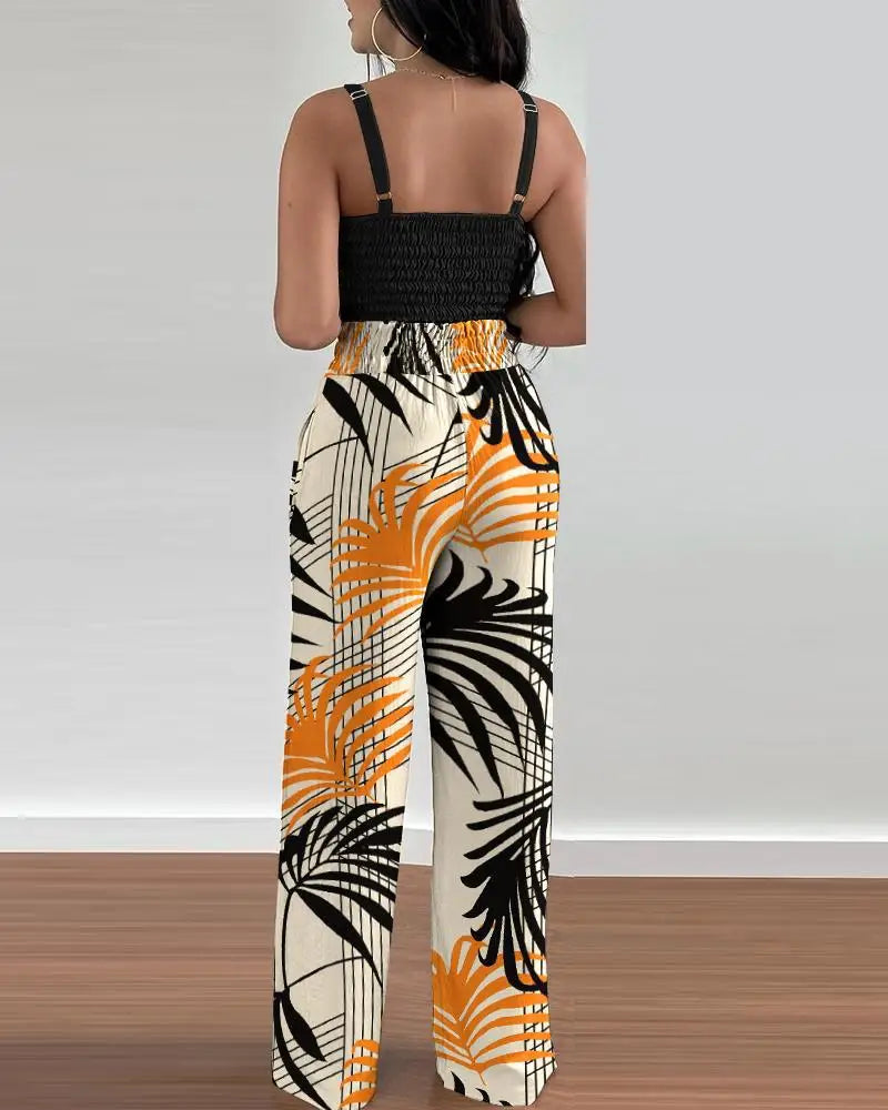 Women's Printed V-Neck Halter Top and Wide-Leg Pants Set