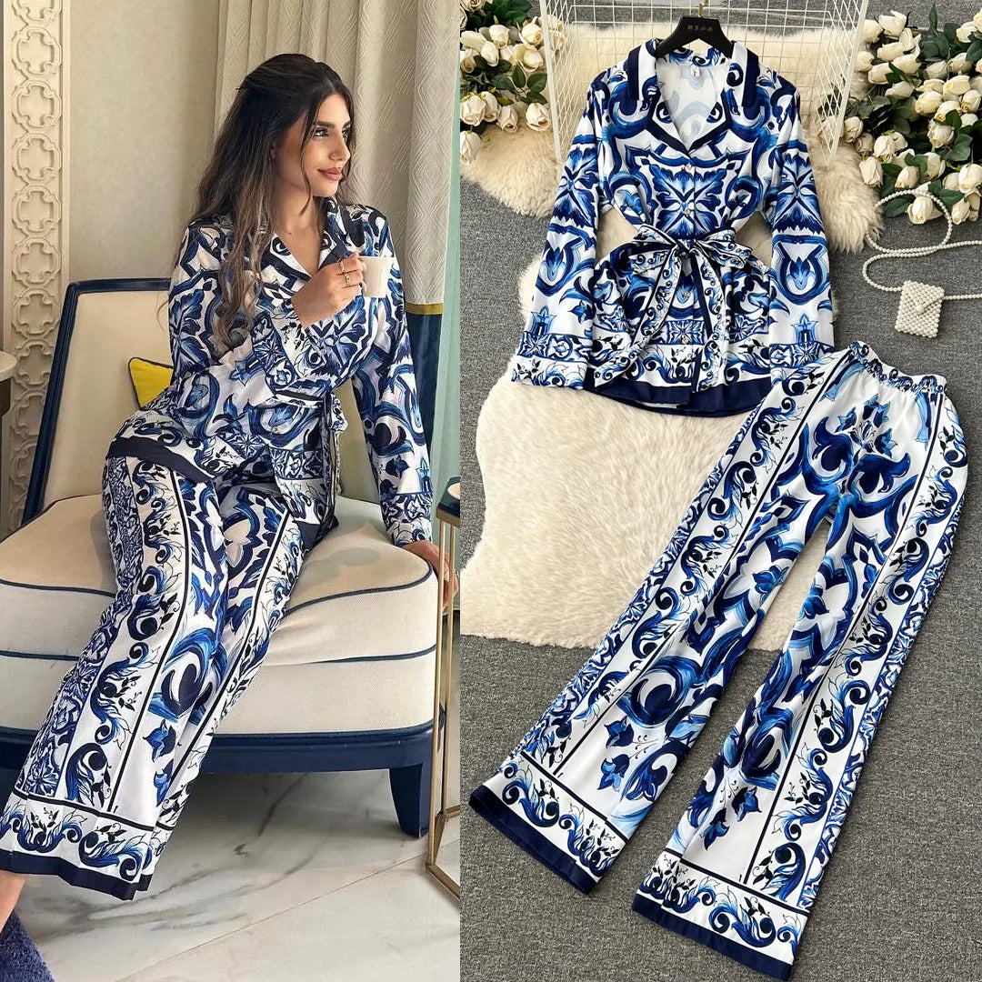 Printed Collar Top & Wide-Leg Pants Set