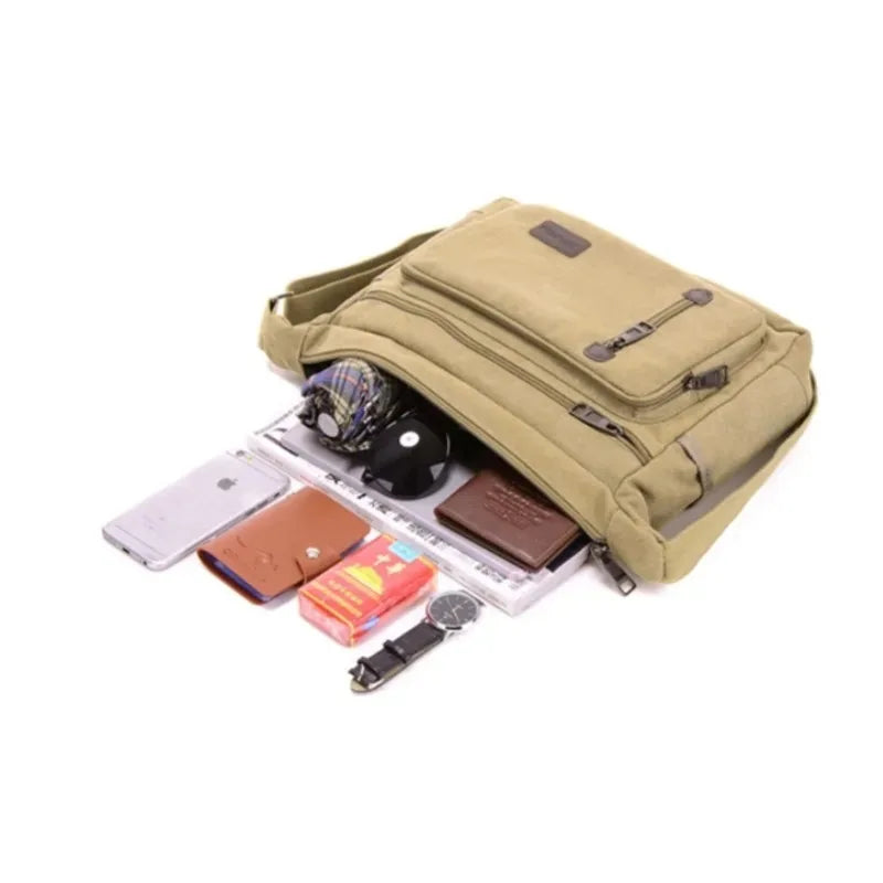 Unisex Canvas Multi-Pocket Crossbody Satchel