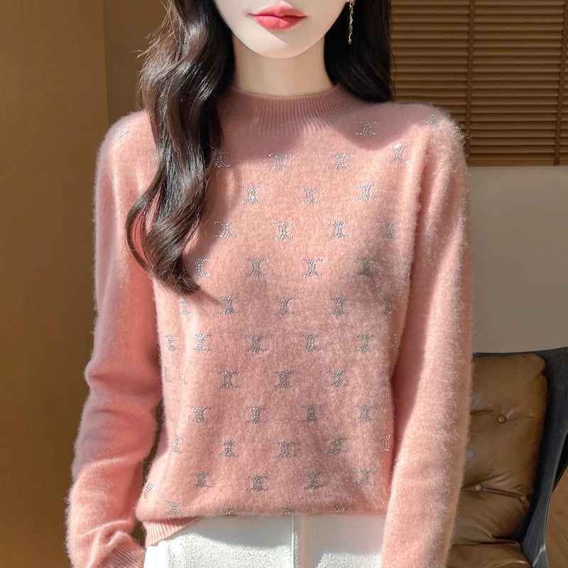 Women Fine Wool Thickening Sweater Half-high Collar Leaf studded With Diamonds Pullover Female Knitted Basis Tops Autumn Winter Dsers