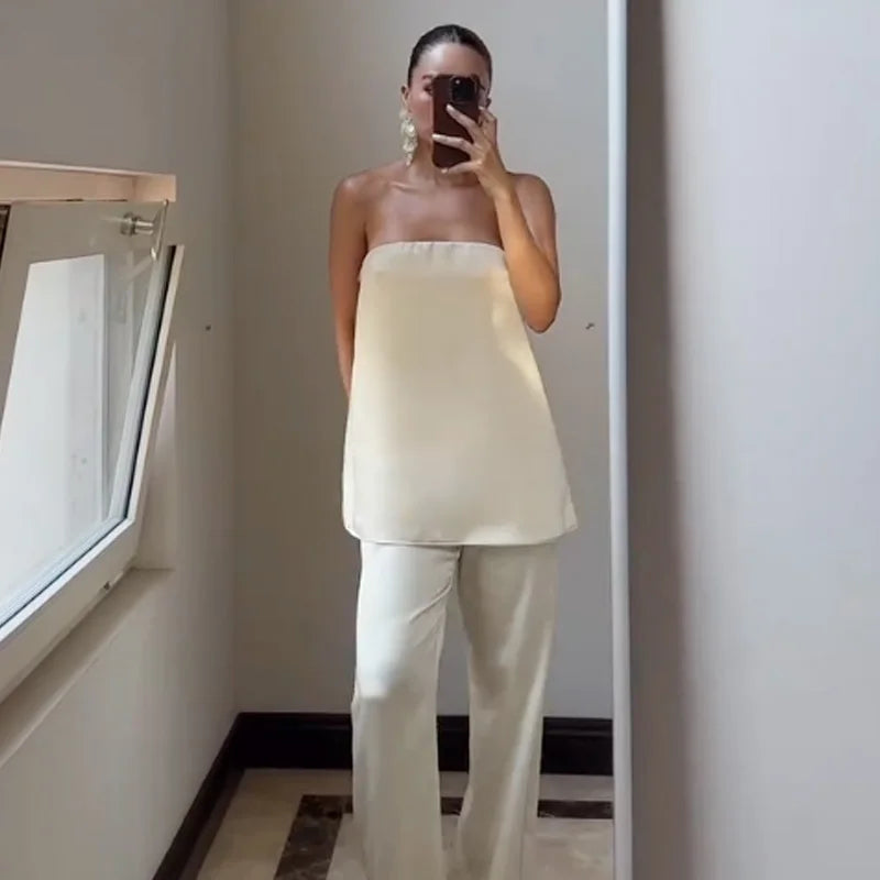 Women's Satin Tube Top and Wide-Leg Pants — Separates