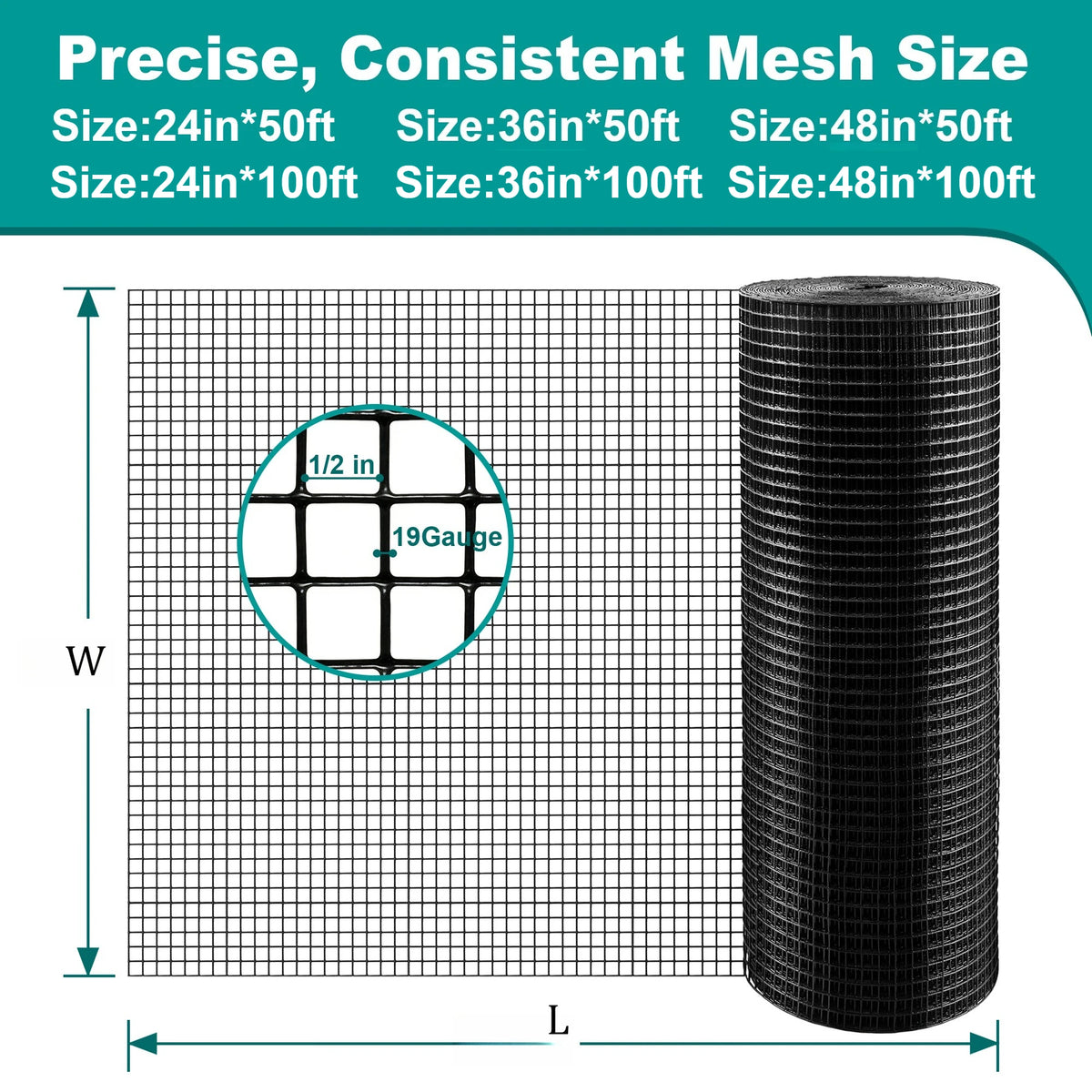 Black PVC-Coated Hardware Cloth, 1/2" Mesh, 19 Gauge