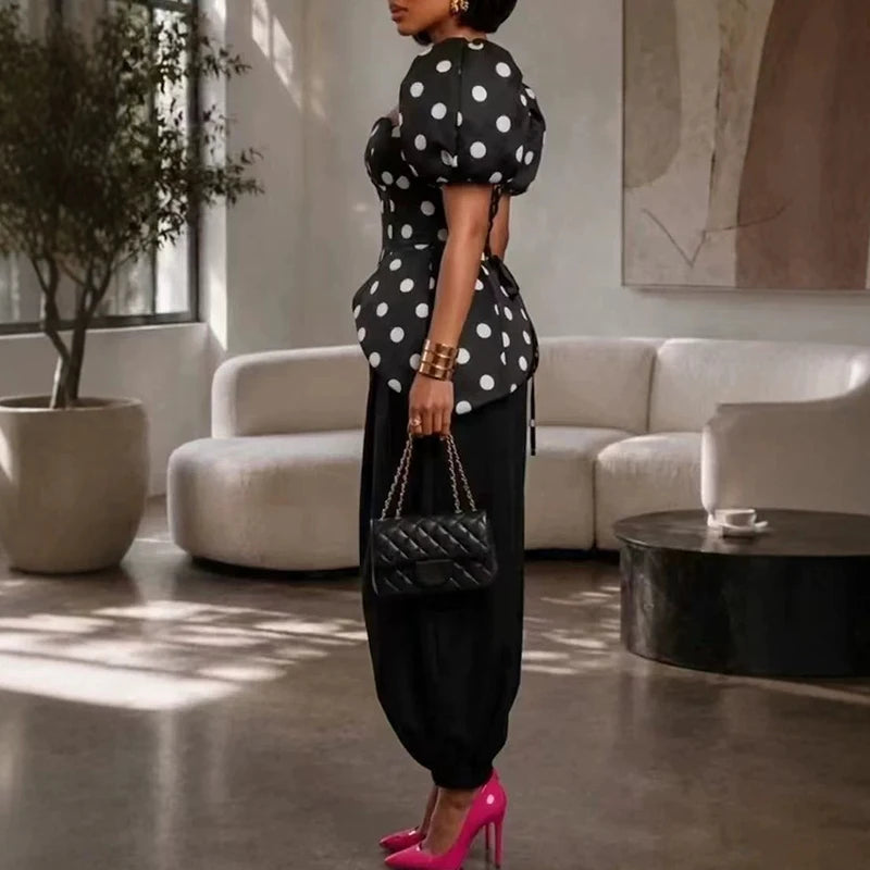 Polka-Dot Puff-Sleeve Top & Pants Set