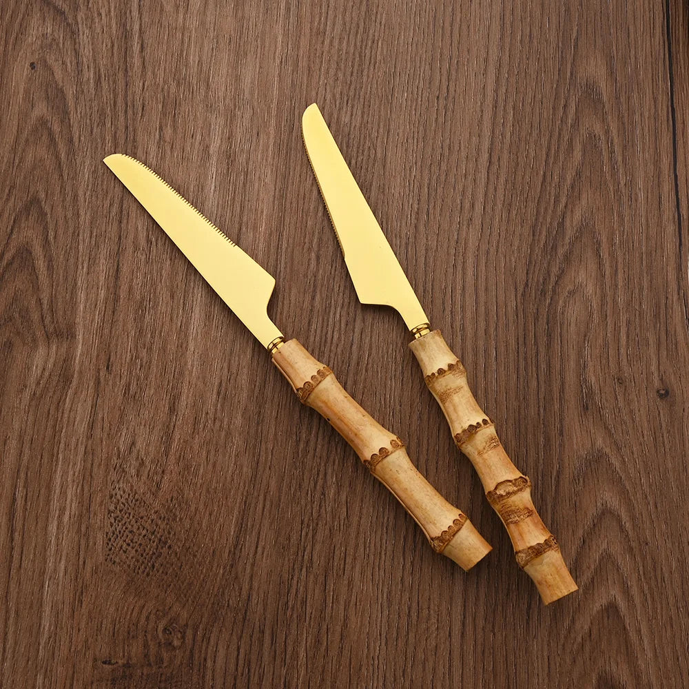 PINKTEN Bamboo-Handle Stainless Steel Flatware