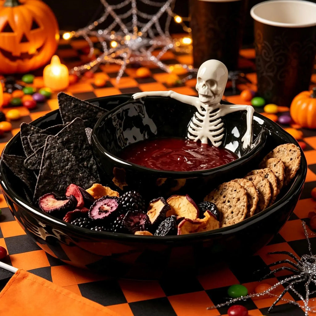 Skull-Shaped Ceramic Chip and Dip Bowl — 8.5 Inch