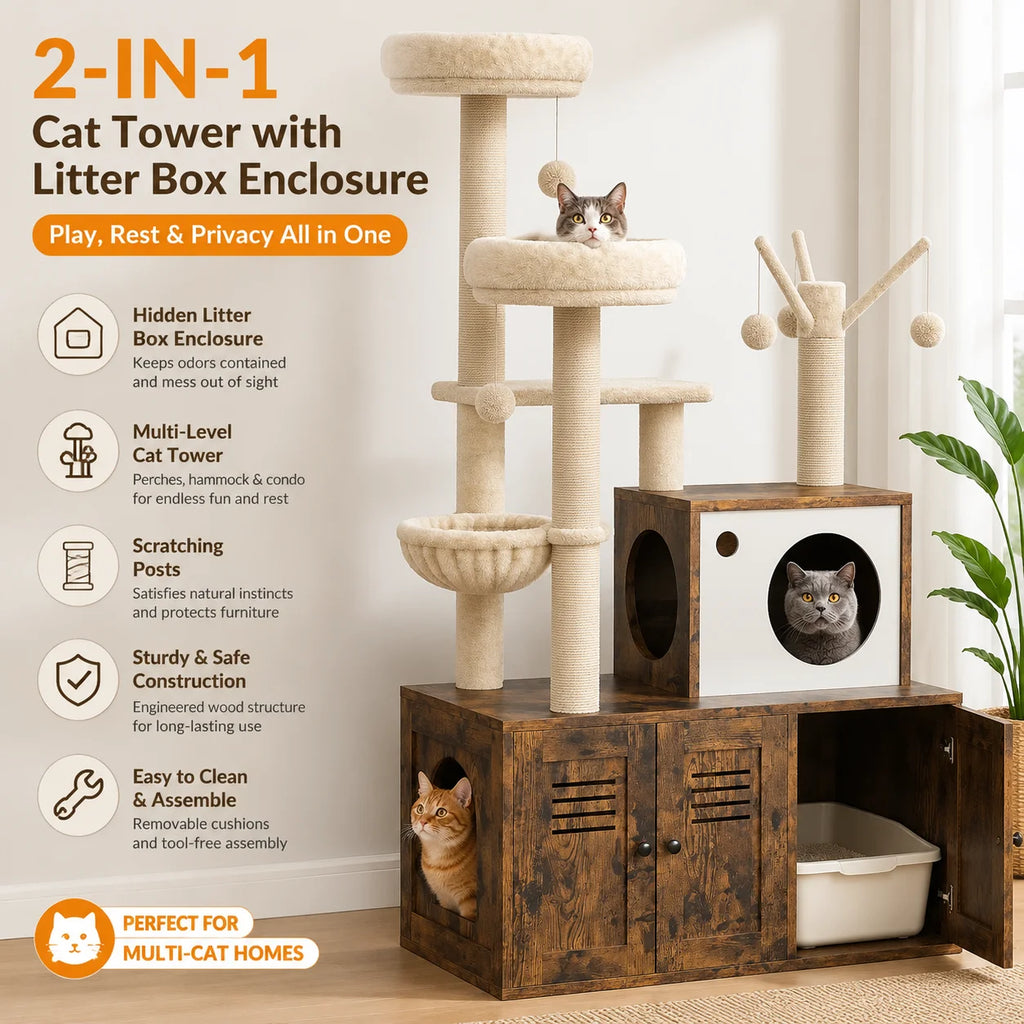 Cat Tower with Litter Box Enclosure, 2-in-1 Modern Cat Tree, 55.1-Inch Cat Condo with Scratching Posts, Hidden Litter Cabinet, Hammock & Perches, Engineered Wood, Indoor Use Whispering Desires Shoppe