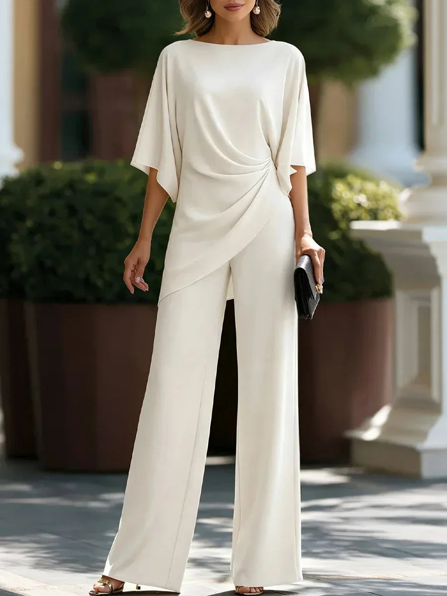 Women's Draped Boat-Neck Top and Wide-Leg Pants Set