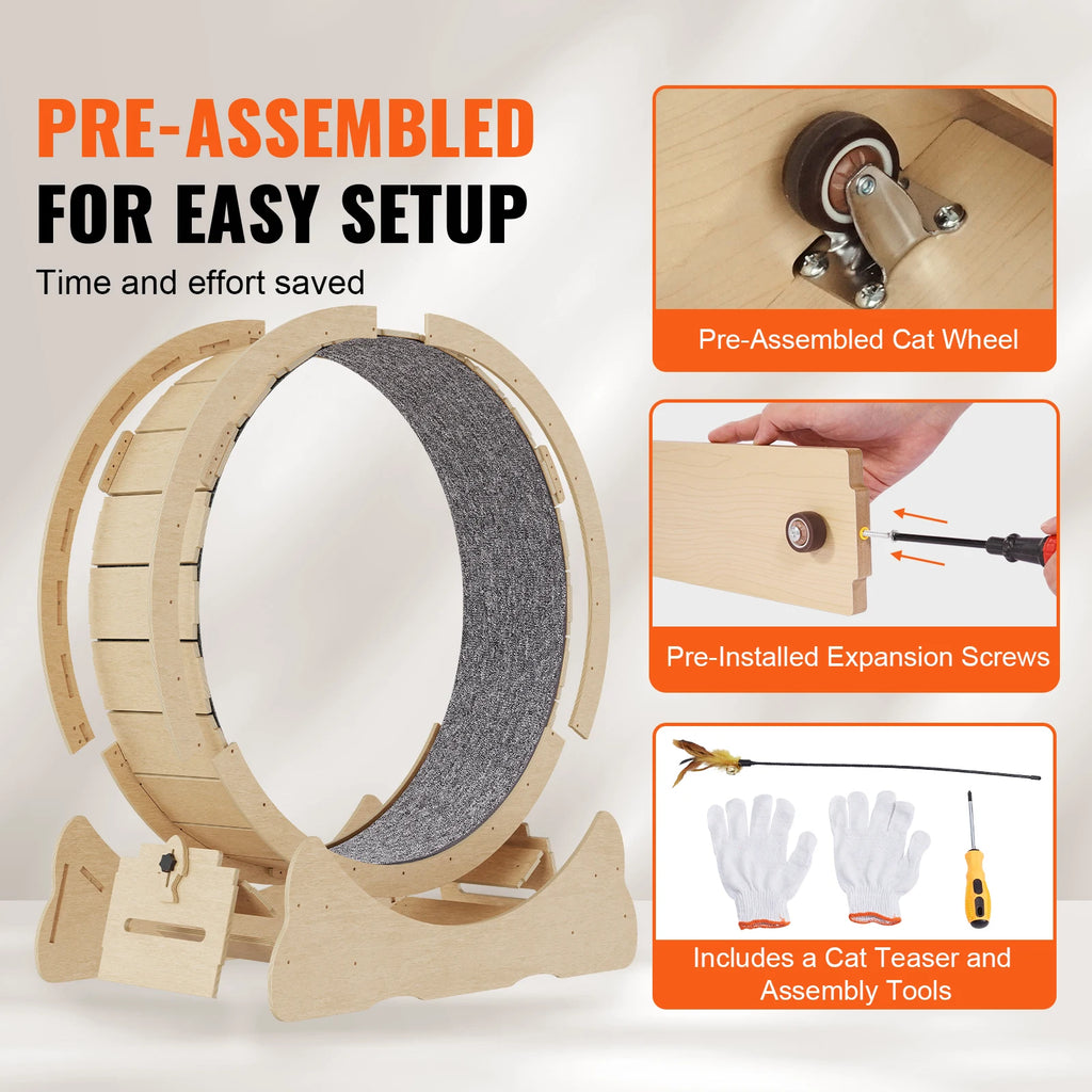 SucceBuy Wooden Cat Exercise Wheel with Removable Carpet