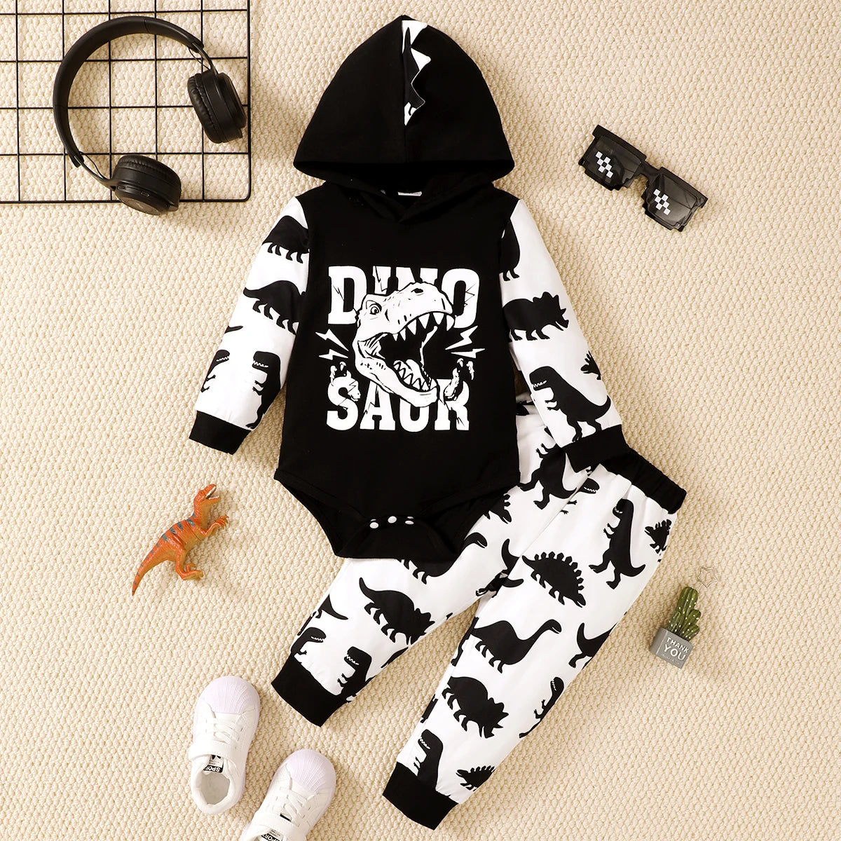 Baby Dinosaur-Print Hooded Top and Pants Set