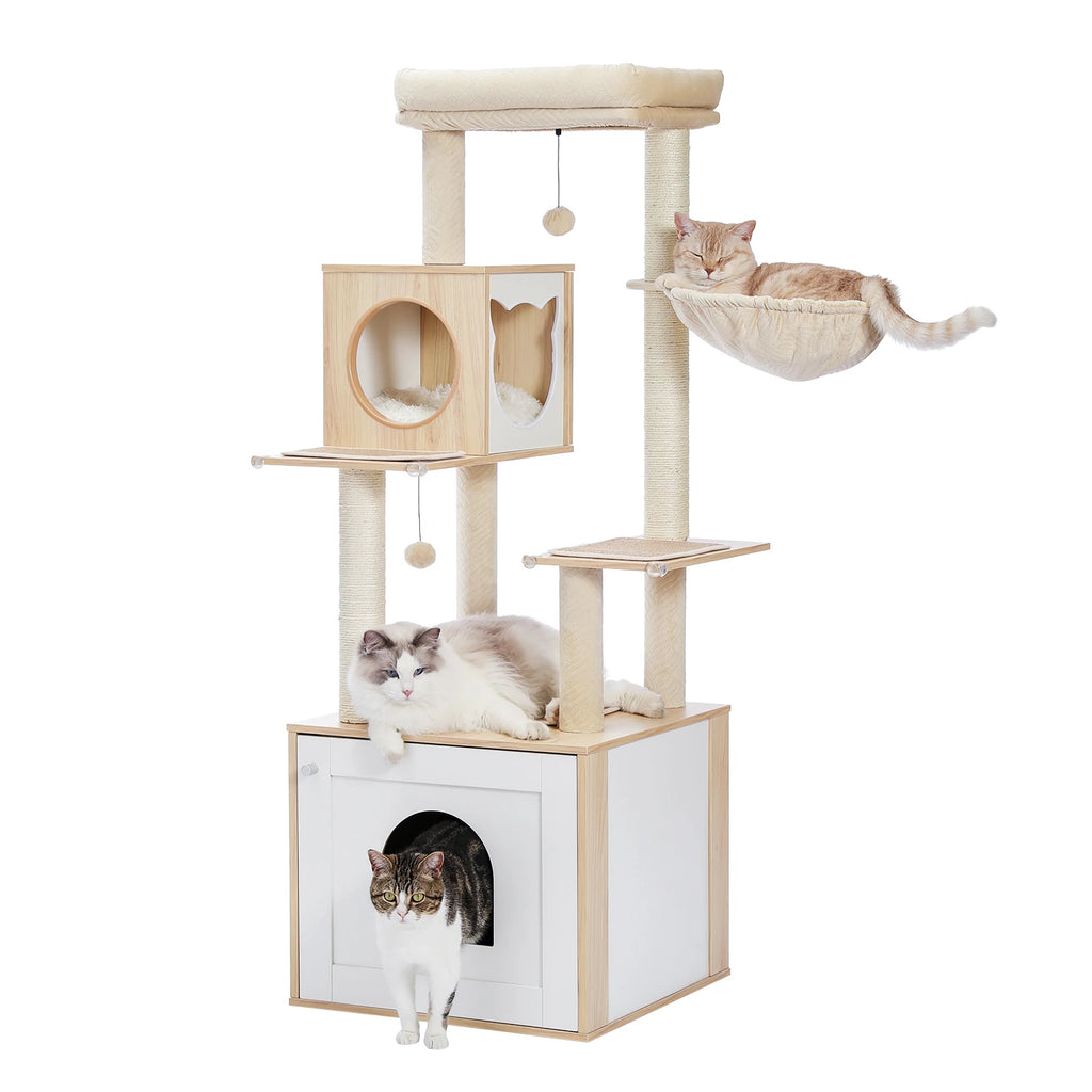 Multi-Level Wooden Cat Tree with Condo & Hammock