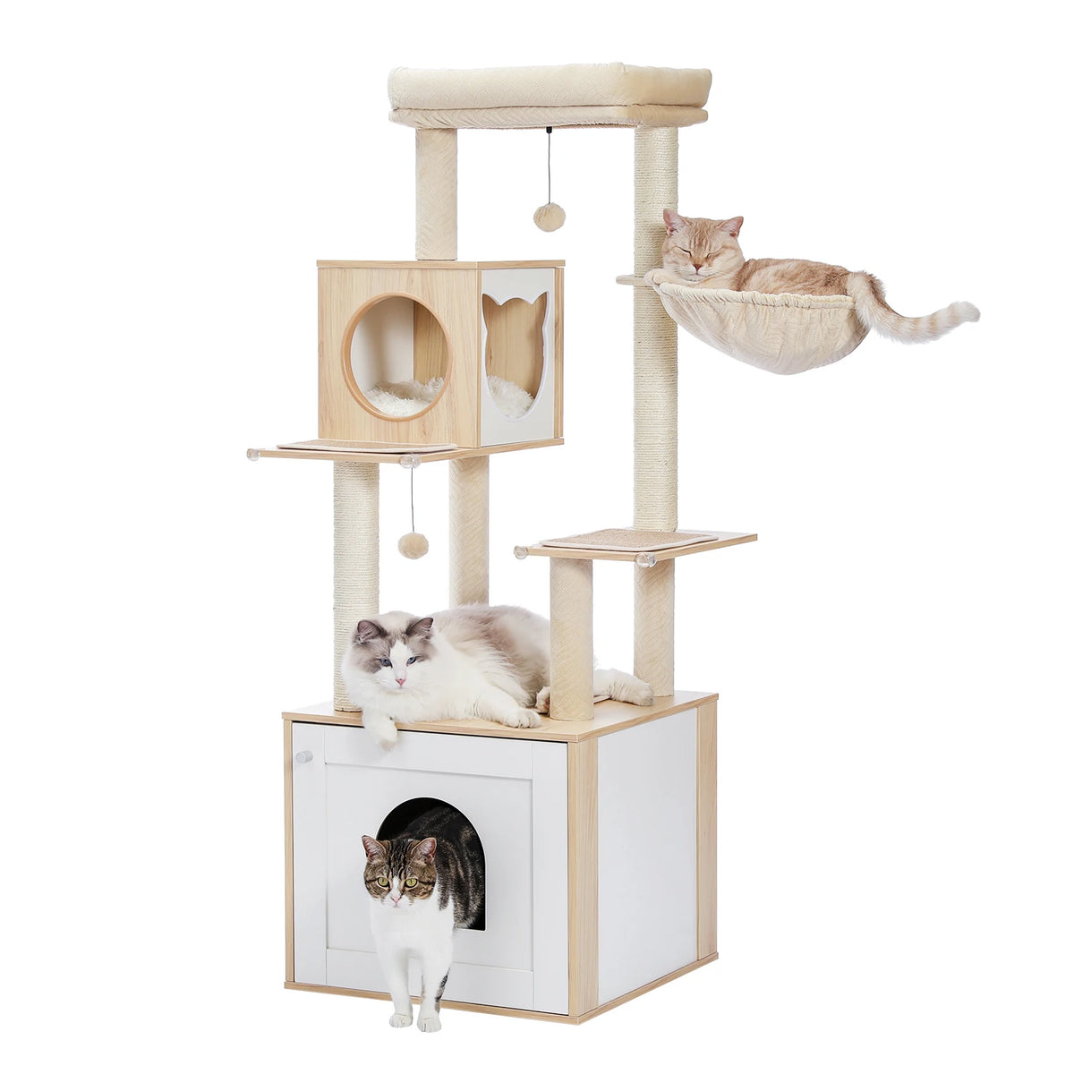 Multi-Level Wooden Cat Tree with Condo & Hammock