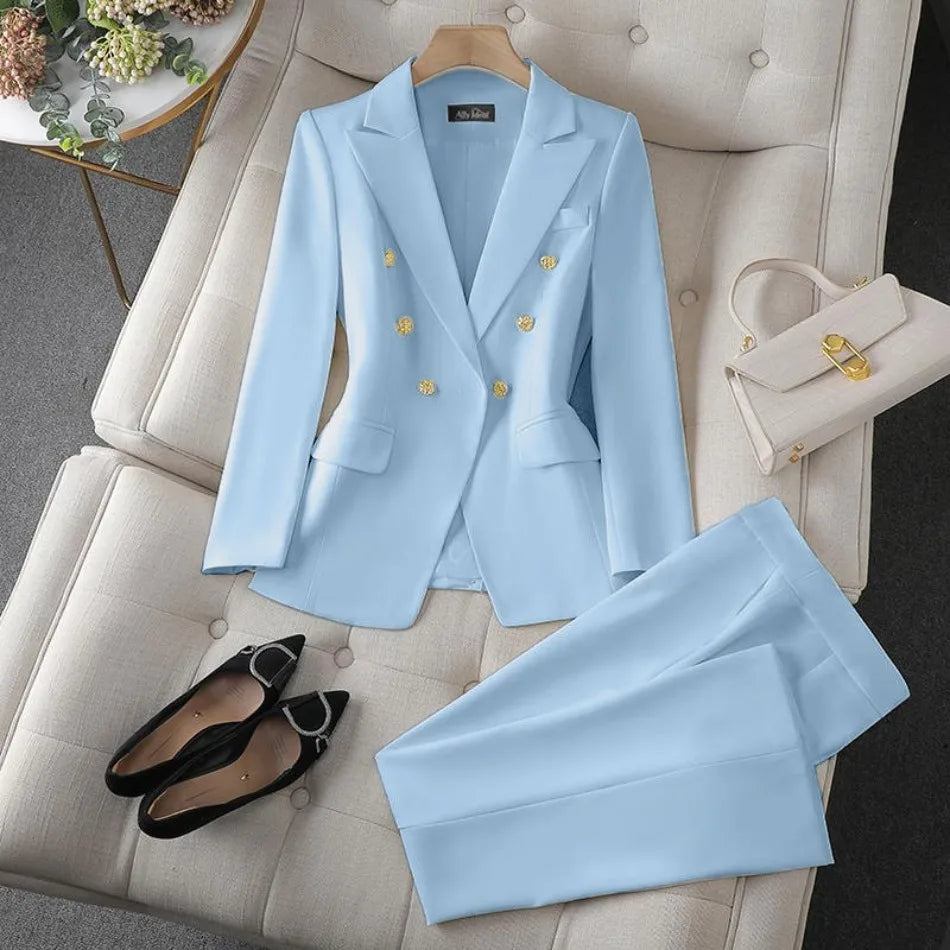 Women's Double-Breasted Blazer and Wide-Leg Pants Set
