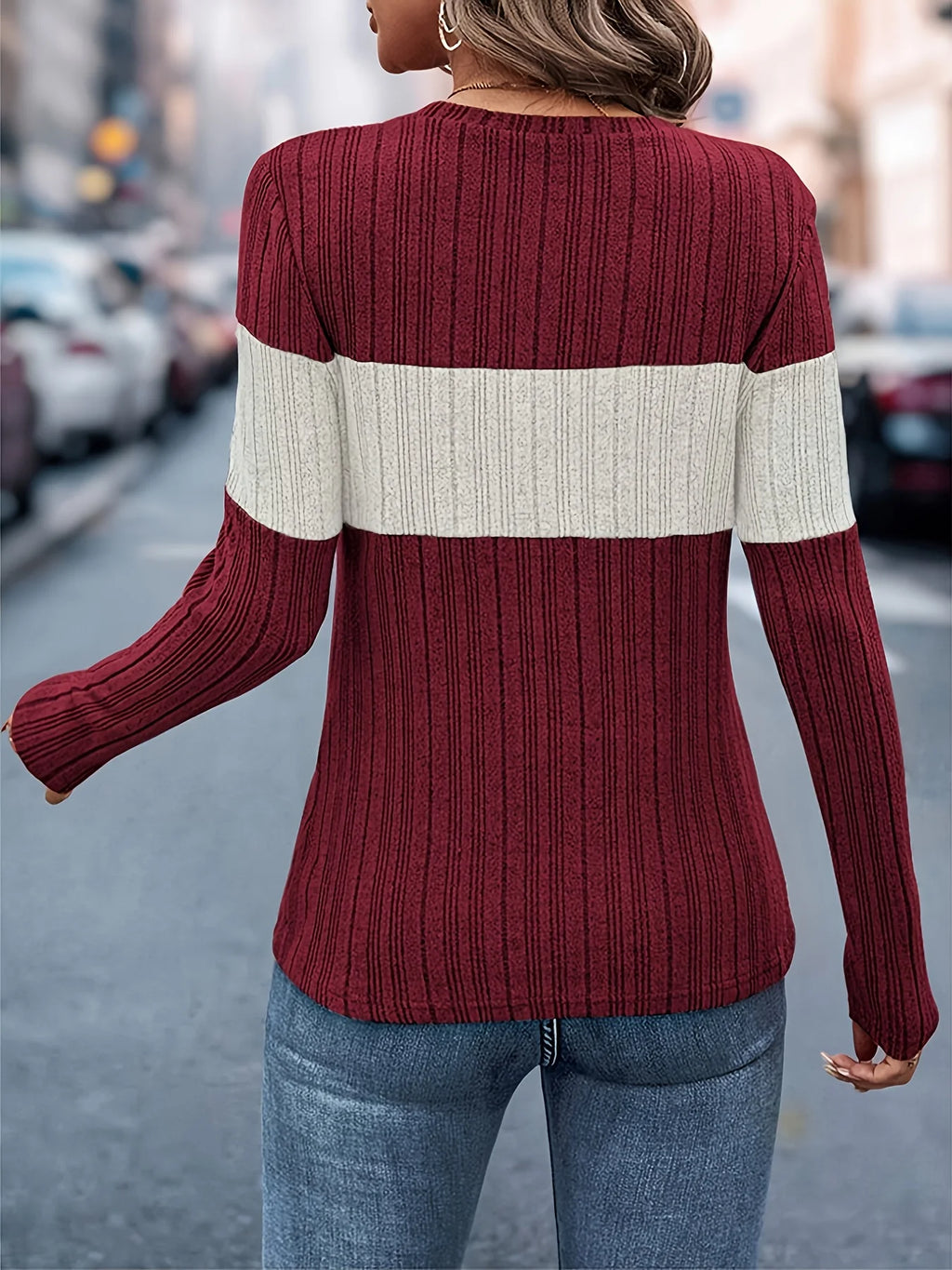 Contrast-Color Long-Sleeve Knit Top