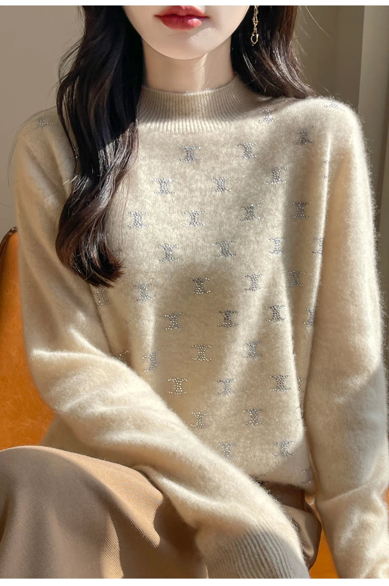 Women Fine Wool Thickening Sweater Half-high Collar Leaf studded With Diamonds Pullover Female Knitted Basis Tops Autumn Winter Dsers