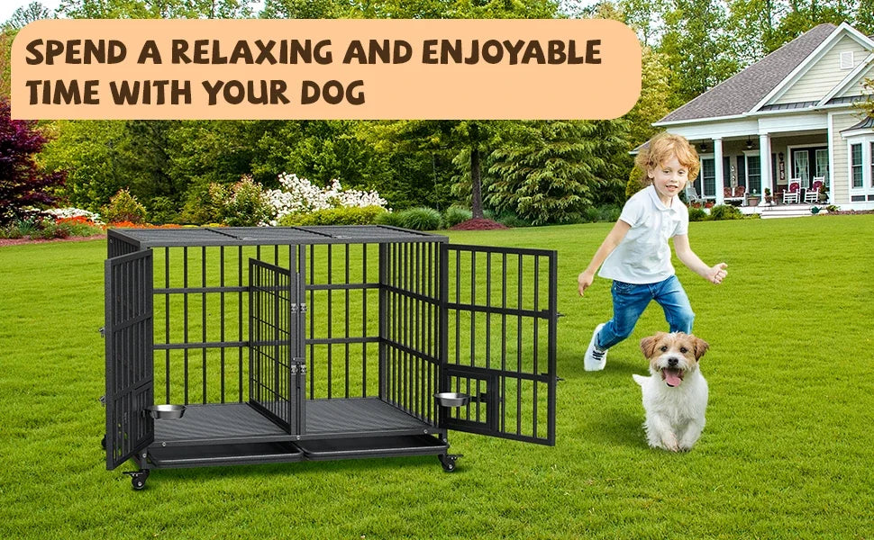42" Metal Dog Crate with Wheels & Removable Tray