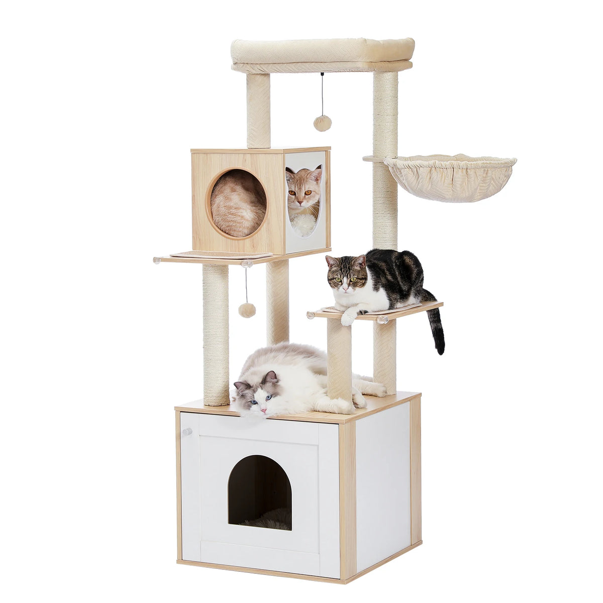 Multi-Level Wooden Cat Tree with Condo & Hammock