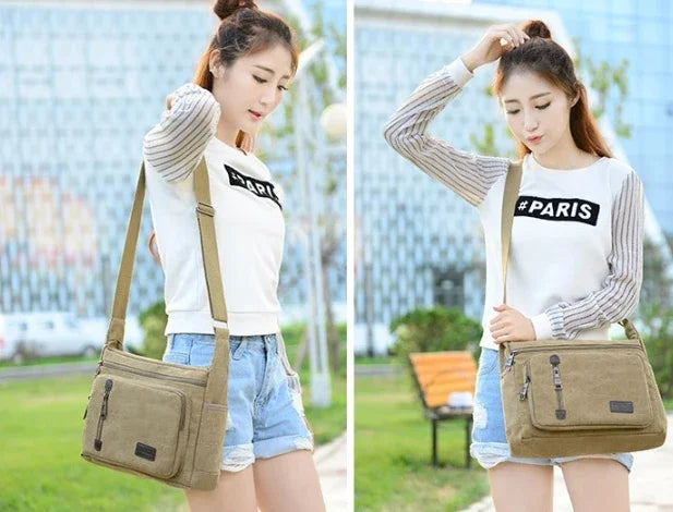 Unisex Canvas Multi-Pocket Crossbody Satchel