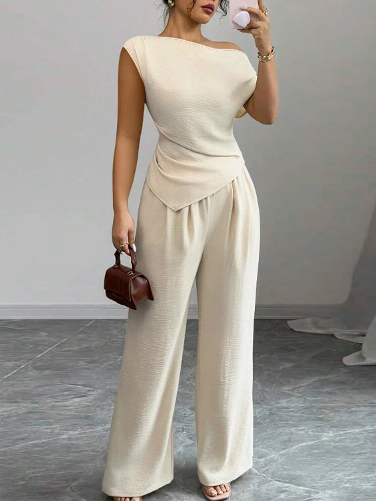 Women's Asymmetric Top and Wide-Leg Pants Set
