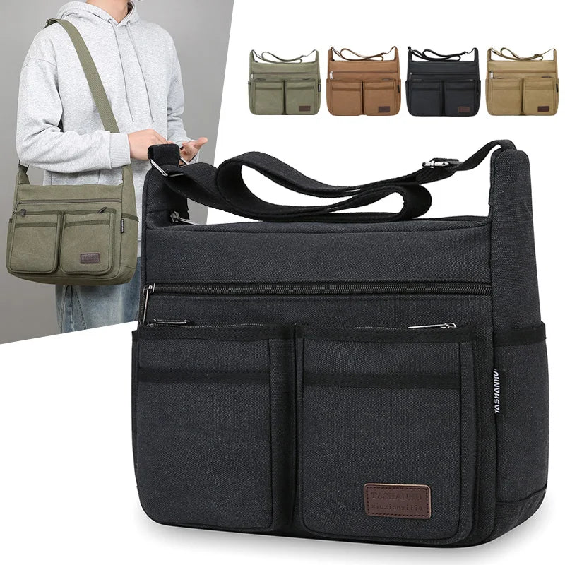 Canvas Crossbody Bag with Zipper Pockets