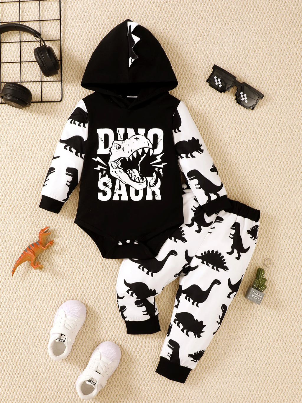 Baby Dinosaur-Print Hooded Top and Pants Set
