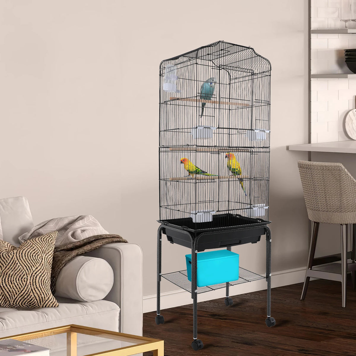 Bird Cage with Rolling Stand & Feeding Bowls