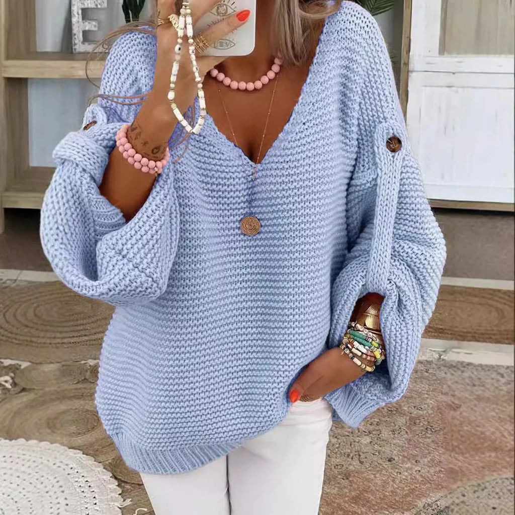 Button-Detail V-Neck Lantern-Sleeve Sweater