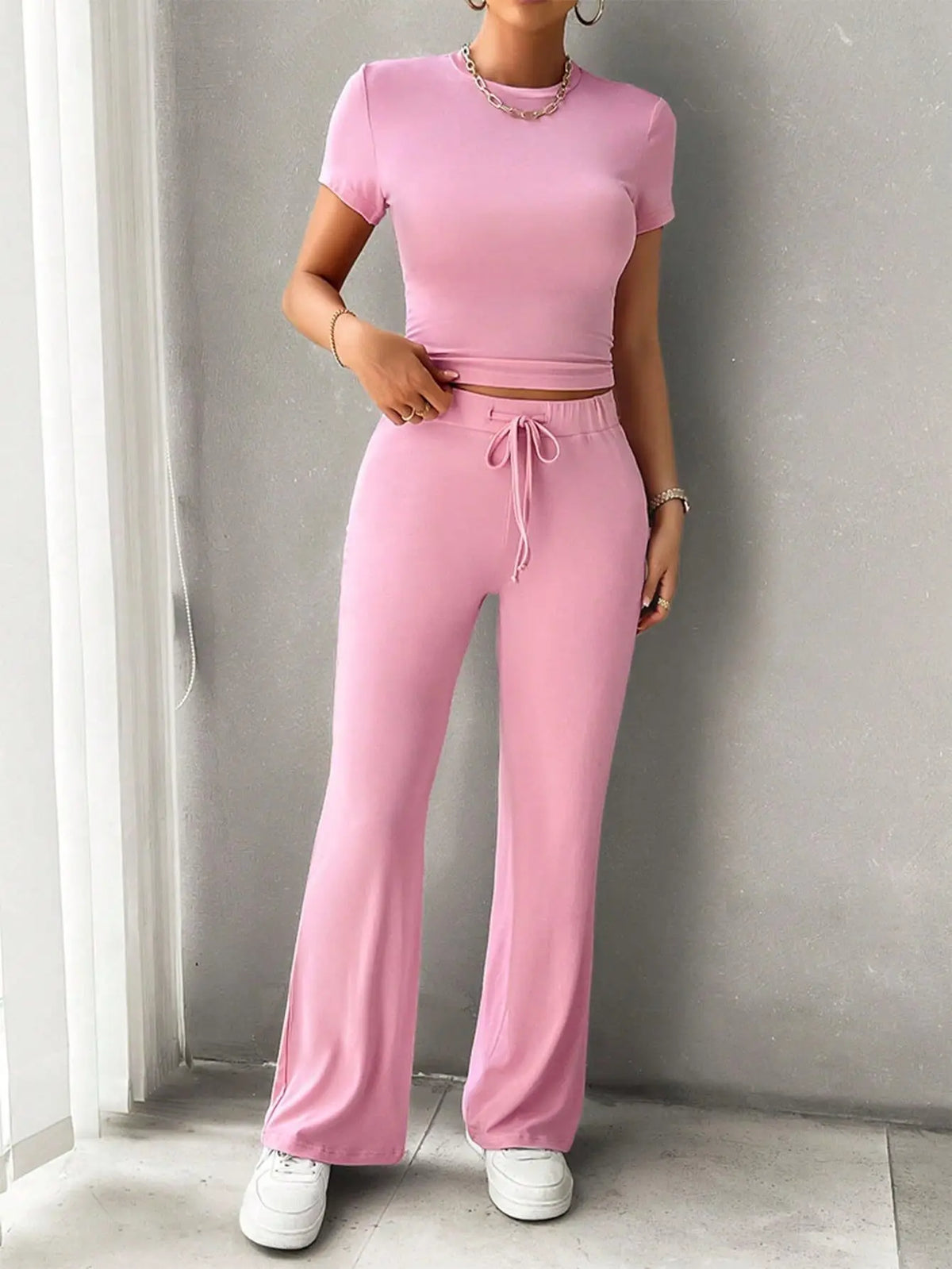 Solid Short-Sleeve Top & Pants Set