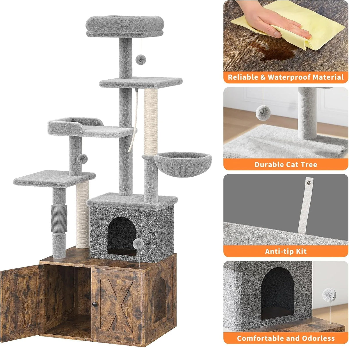 Three-in-One Cat Tree with Litter Box Cabinet